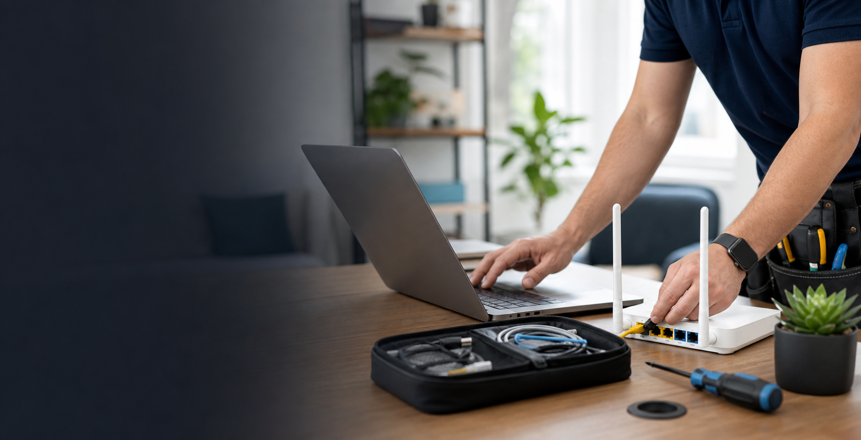 IT technician working on a laptop and Wi-Fi router in a home office